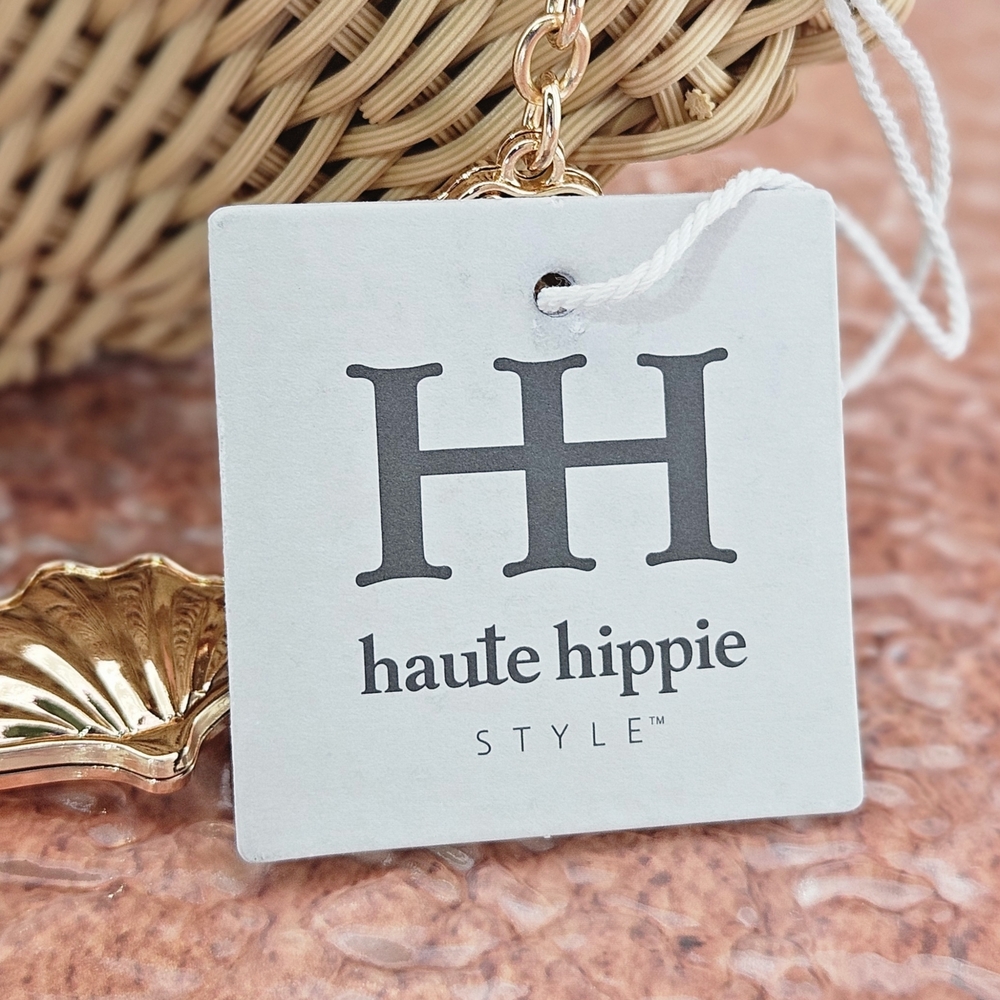 Viral Haute Hippie Shell Bag Seashell Clutch Natural Woven Bag Gold Chain Purse - Picture 8 of 9